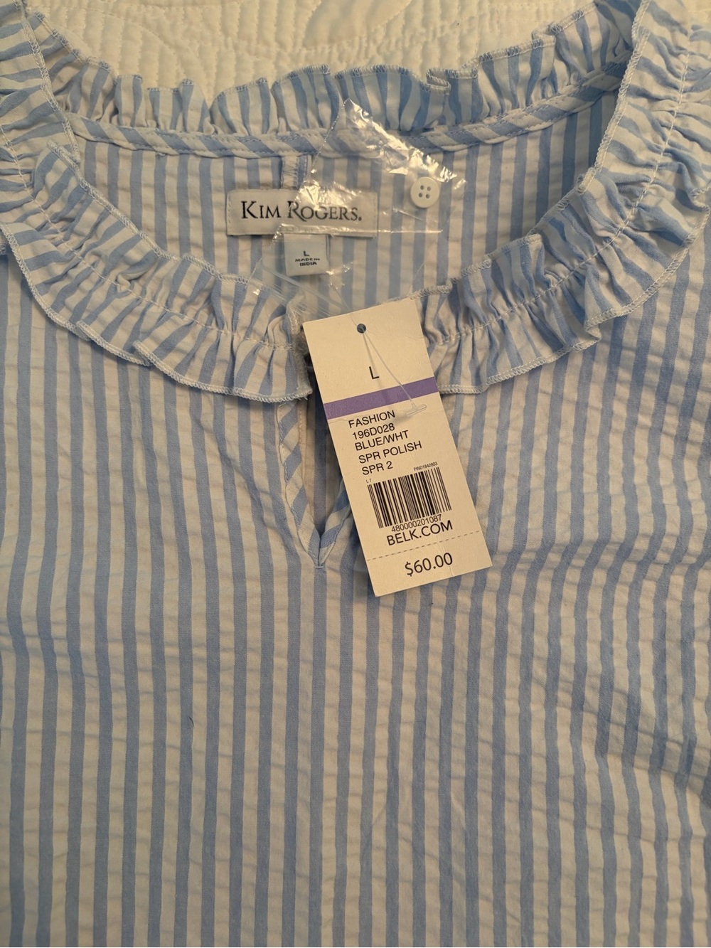 Kim Rogers Light Blue & White Striped Ruffle Neck Midi Dress